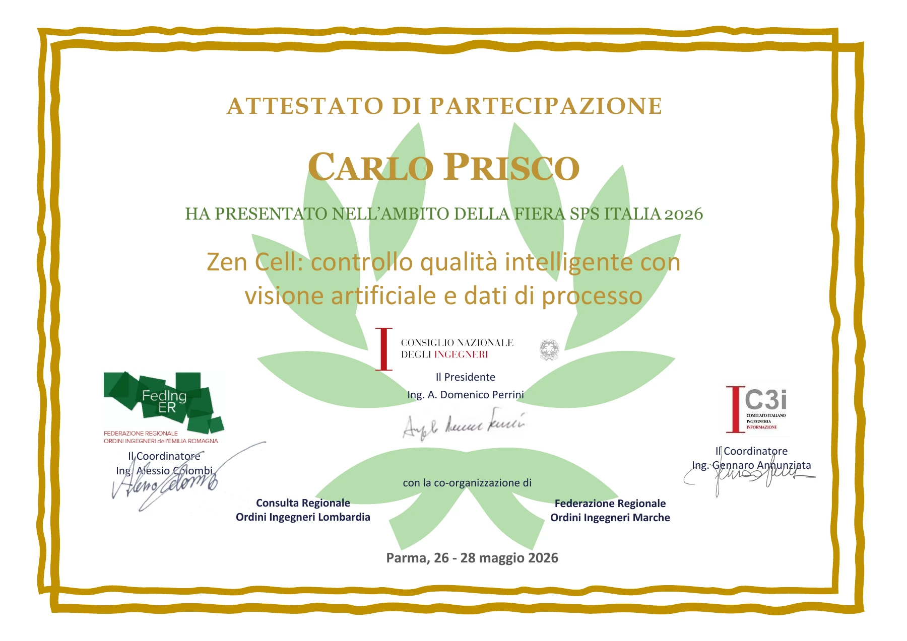 Attestato di partecipazione di Carlo Prisco