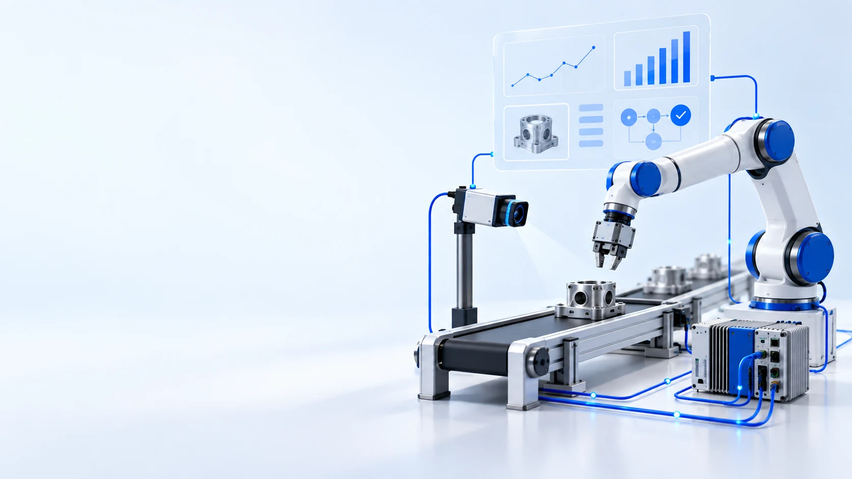 Illustrazione di software, visione artificiale e automazione industriale connessi