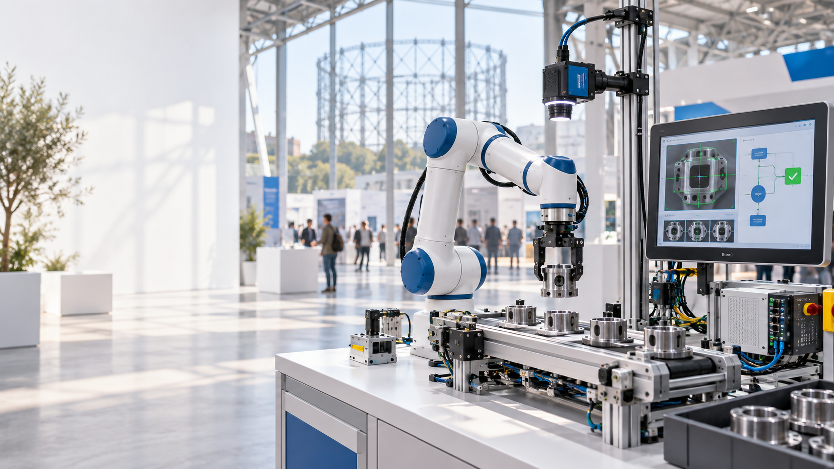 Illustrazione concept: robotica, visione artificiale e automazione industriale in un padiglione fieristico